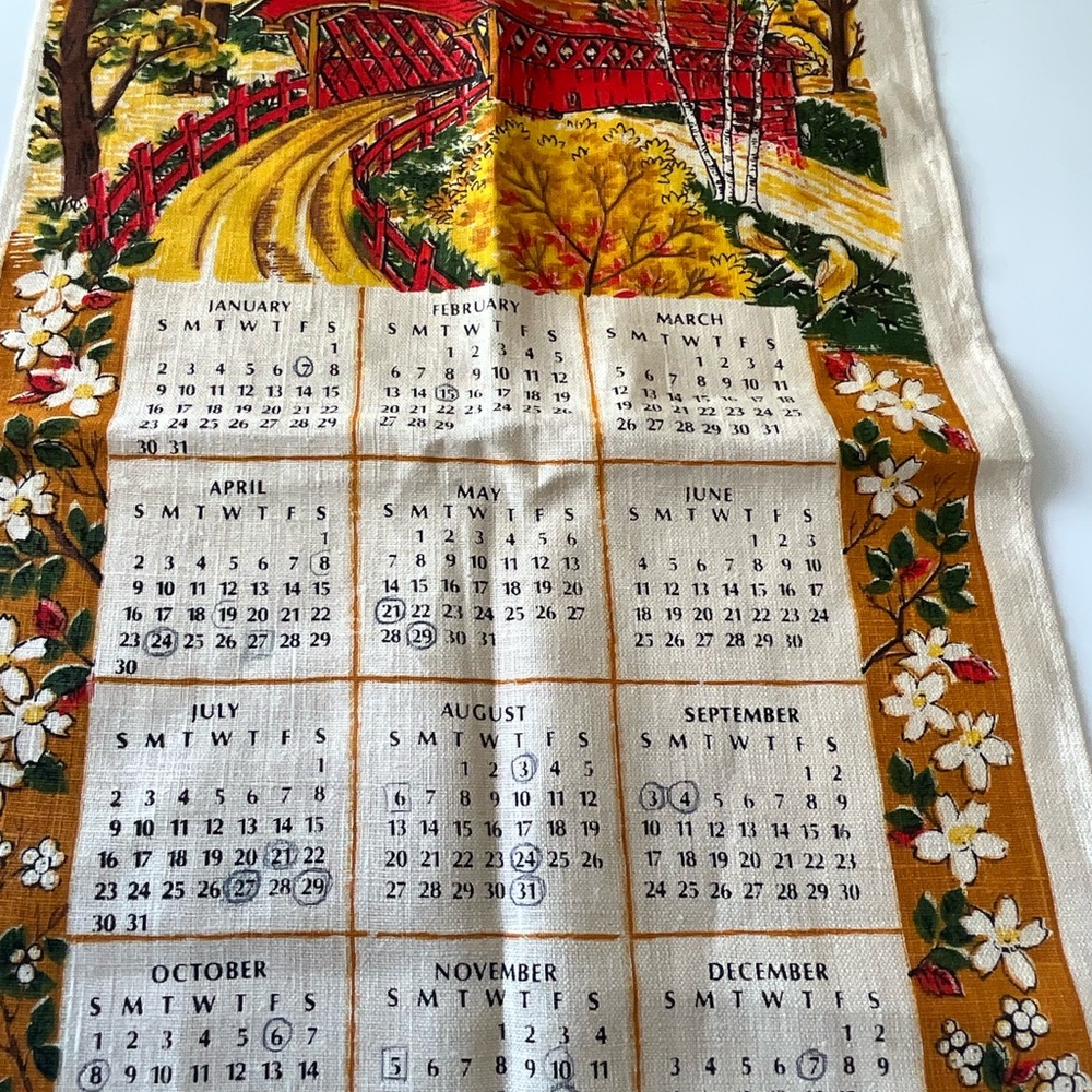 Vintage Calendar Linen Towels 1972 1986 1995 Bird Cherries Stream Covered Bridge - Picture 6 of 7